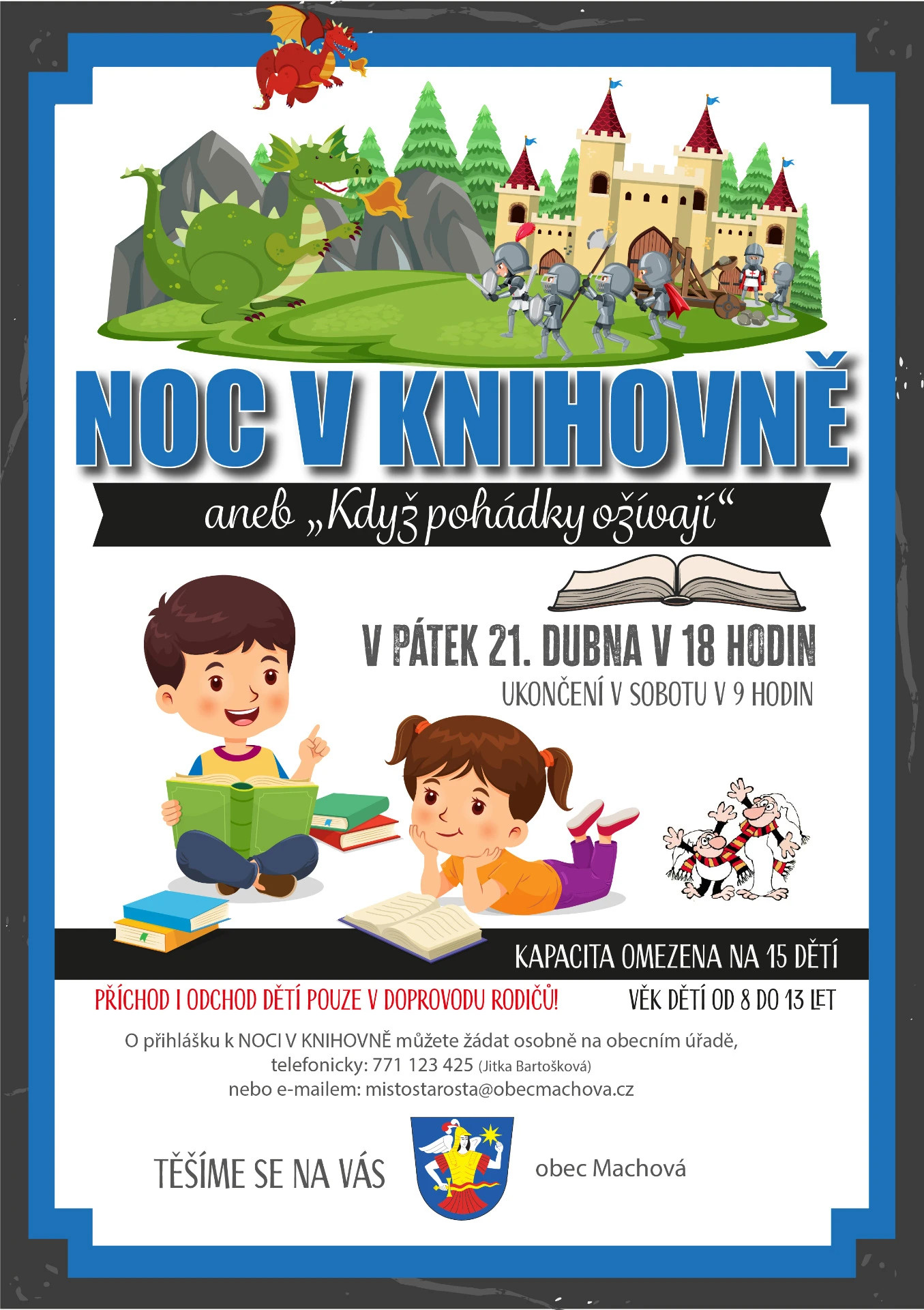 Plakát „Noc v knihovně“ s rytíři, drakem, hradem a dětmi čtoucími knihy, datumy a textem.
