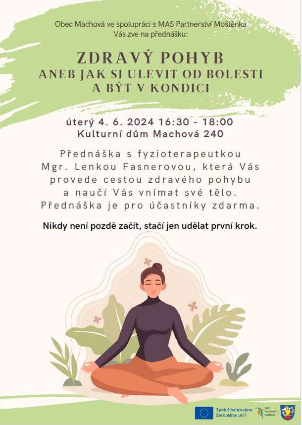 Plakát přednášky Zdravý pohyb s ilustrací ženy v lotosové pozici a textem o termínu.