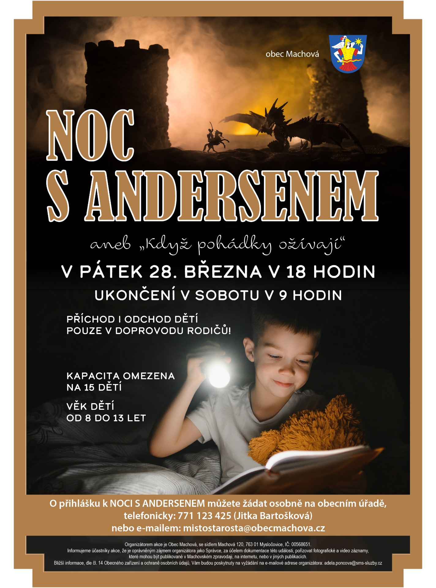 Plakát „Noc s Andersenem“ s drakem, siluetami a dítětem čtoucím knihu při lampičce.