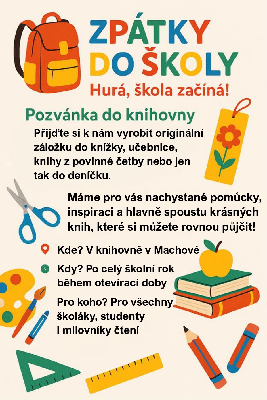 Barevná školní pozvánka s batůžkem, knihami, tužkami a textem Zpátky do školy.