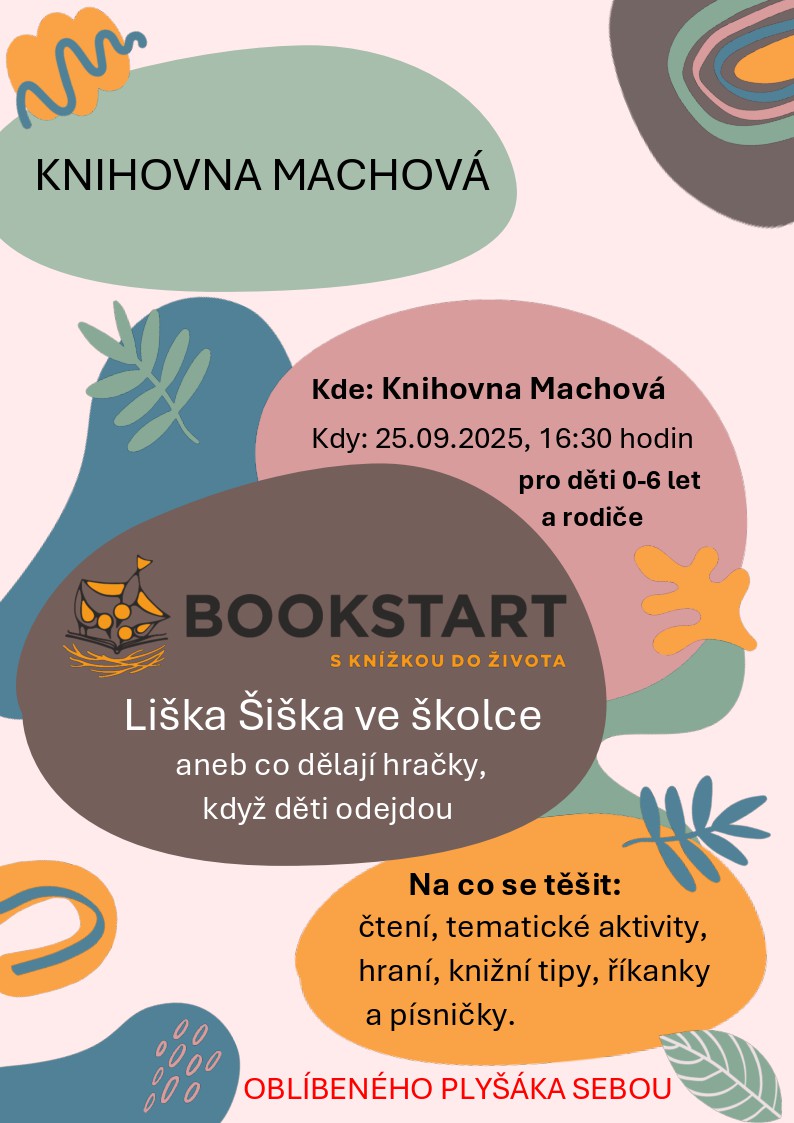 Leták Bookstart s nápisem Knihovna Machová, datum 25.09.2025, ilustrace knihy a plyšáka.