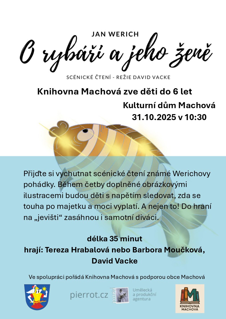 Plakát pro scénické čtení O rybáři a jeho ženě, s ilustrací ryby a textem akce.