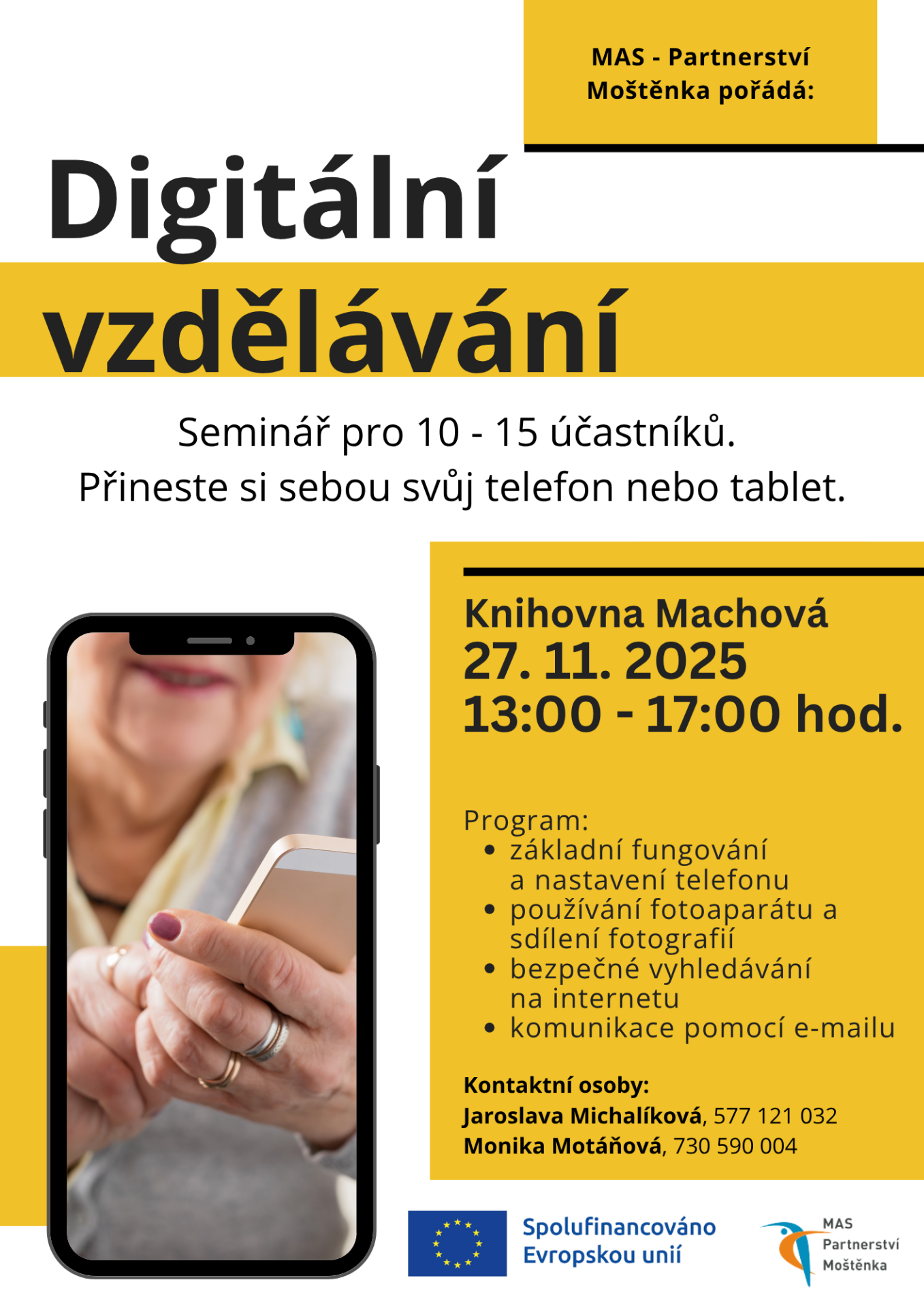 Propagační leták semináře Digitální vzkazování, text o účastnících a termínu, žena používá telefon.