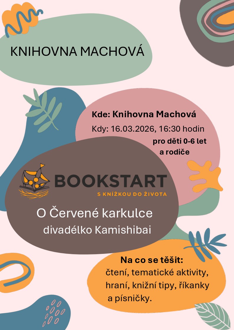 Leták Bookstart s nápisem O Červené karkulce, datumem a místem v knihovně Machové.