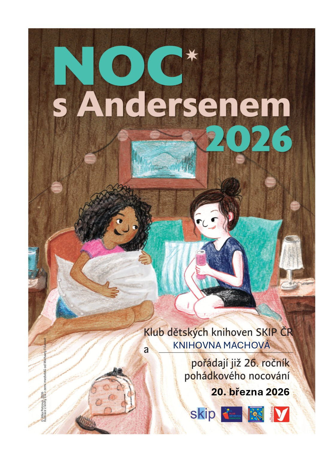 Ilustrace dvou dětí čtou na pohovce, dřevěné pozadí, text Noc s Andersenem 2026.