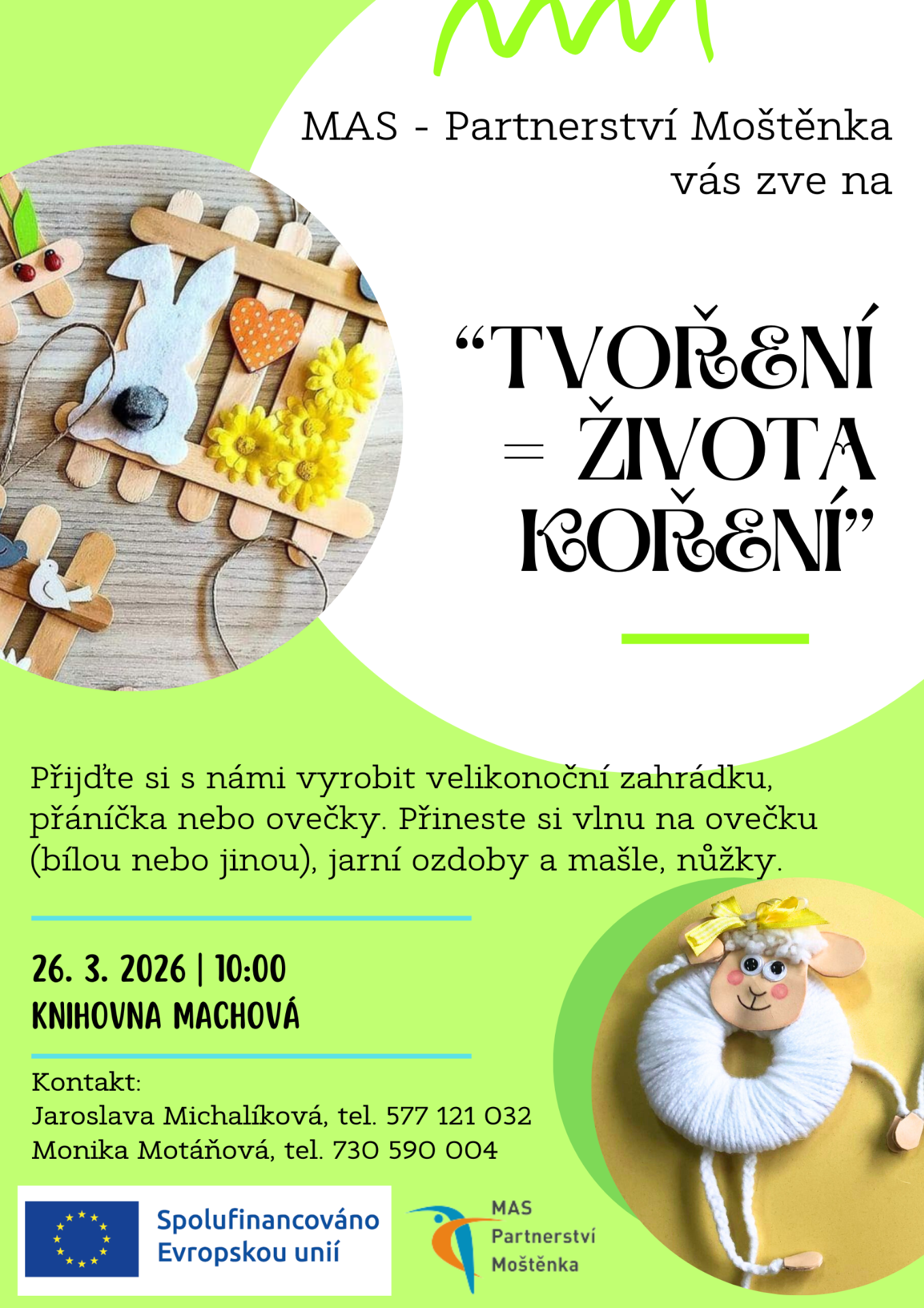 Leták pro velikonoční tvoření: dřevěná dekorace s květinami, text „Tvořivě zvířata kořeni“ a ovce.