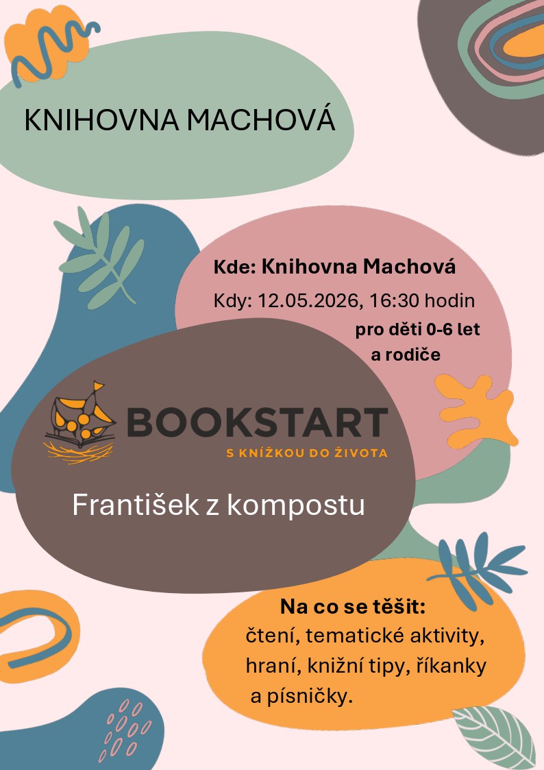 Ilustrační leták Bookstart s nápisem František z kompostu, termínem a místem v knihovně.