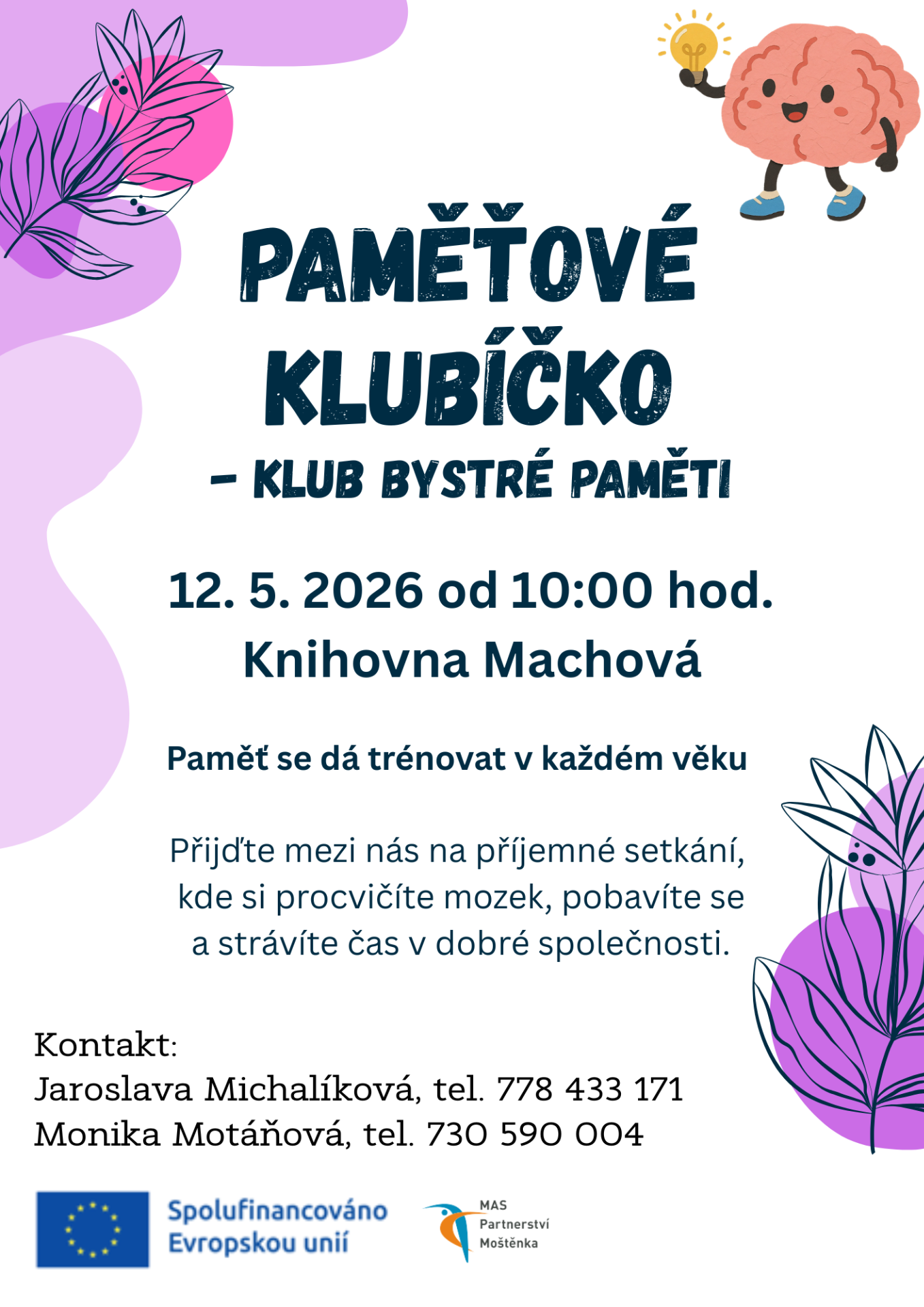 Leták klubu: text Paměťové klubíčko, datum 12.5.2026, kreslený mozek, květiny a dekorace.