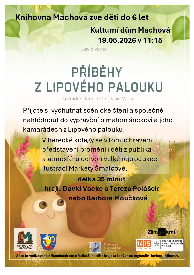 Plakát pro dětské čtení „Příběhy z lipového palouku“ s ilustracemi broučků a květinami.
