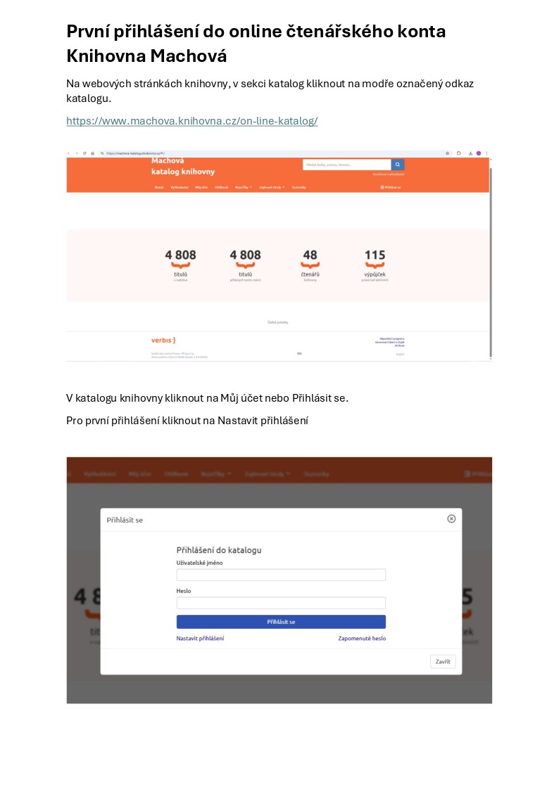 Návod na přihlášení do online katalogu knihovny Machová, zobrazené přihlašovací okno s poli.