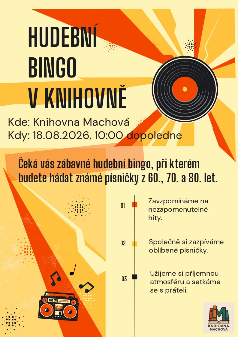Ilustrační plakát „Hudební bingo“ s gramofonovým kotoučem, hudebními ikonami a textem o akci v knihovně.